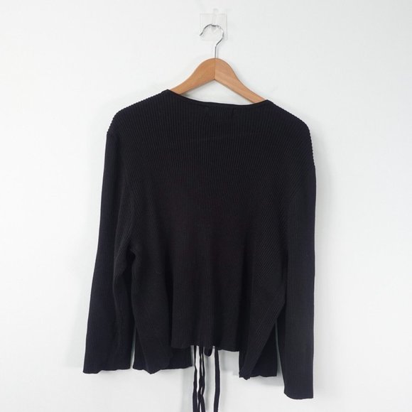 Black Sweater Women 3X Plus Black Knit Cardigan Ribbed Open Front Tie Casual L/S - Picture 6 of 8